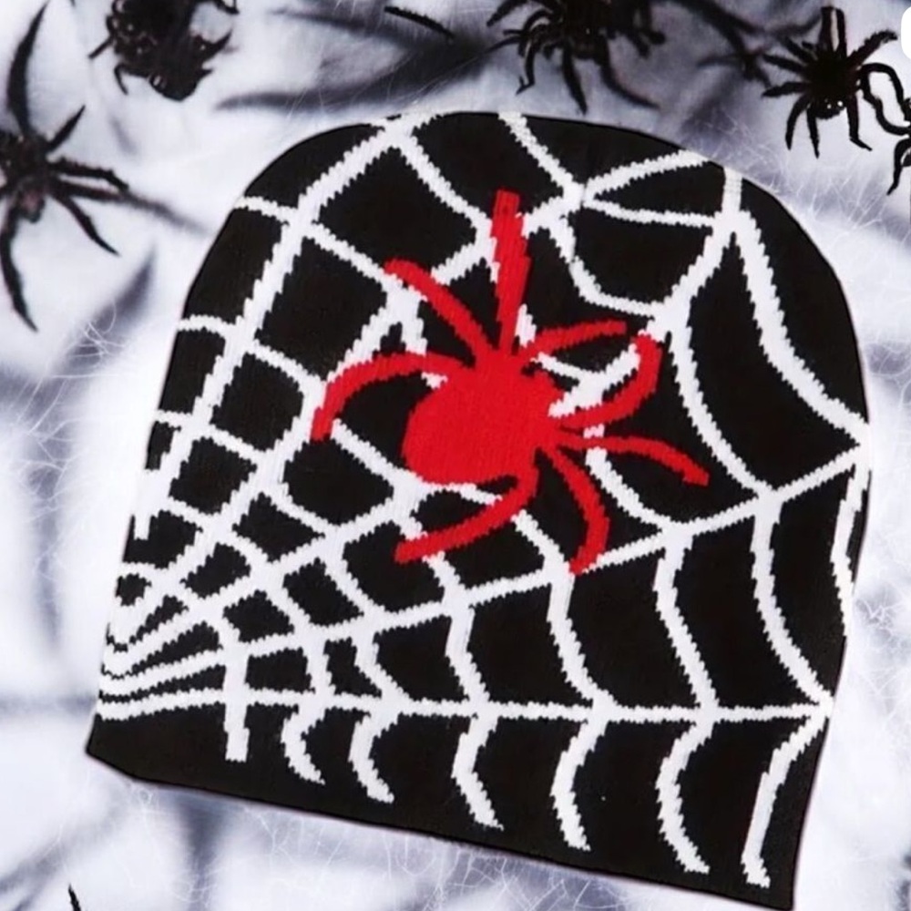 Red Spider and Spider Web Acrylic Knit
Beanie Hat